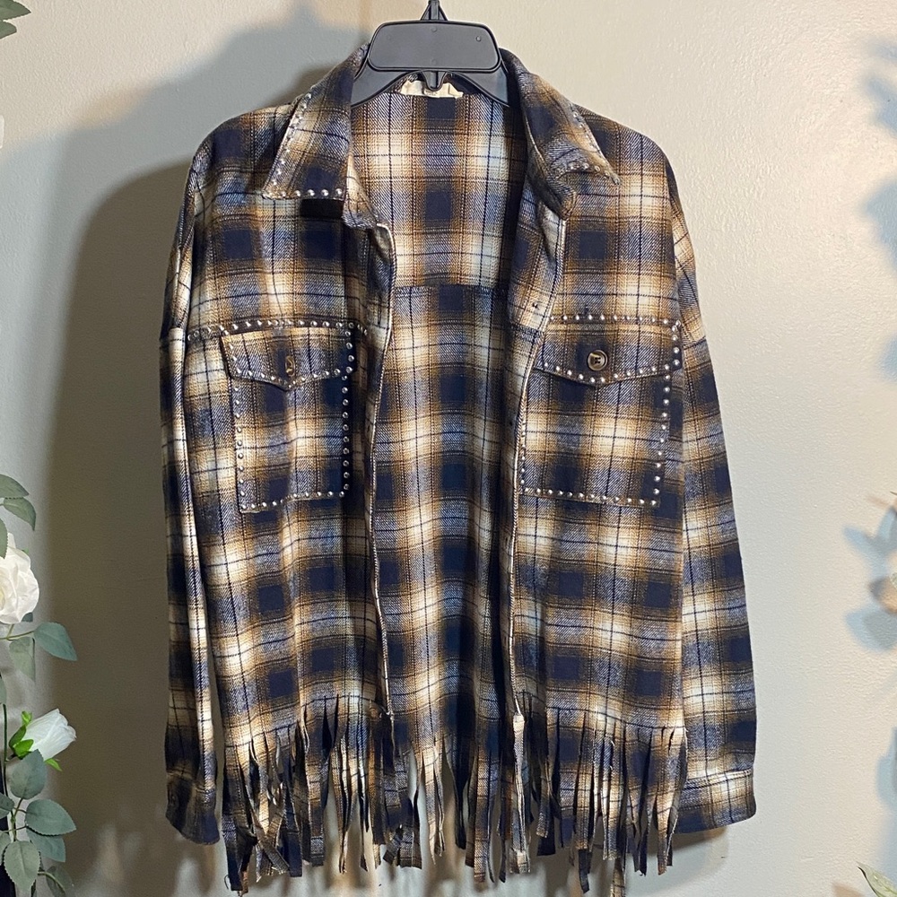 Eesome Blue and Cream Plaid Fringe Jacket